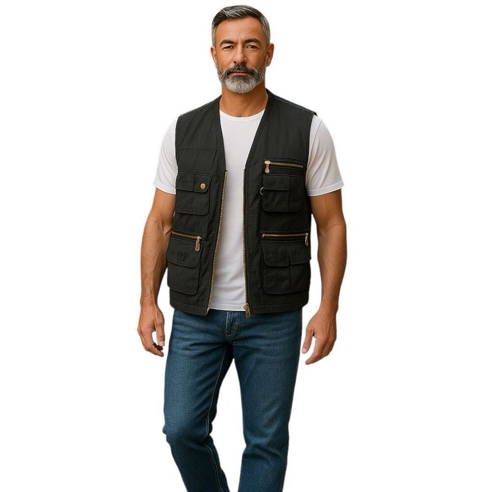 Camel Active Men’s Black Utility Vest - Size 48, Multi-Pocket Outdoor Vest
